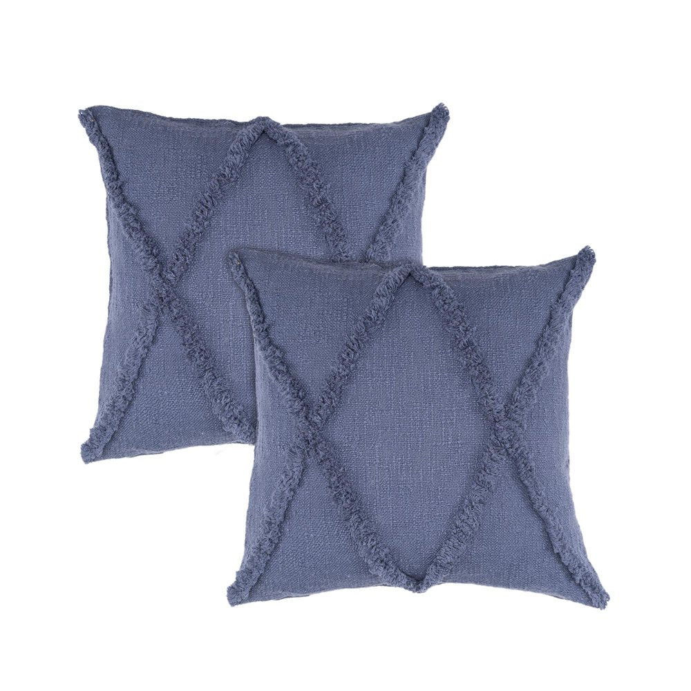 Set of Two Blue Diamond Cotton Throw Pillow With Fringe on a white background