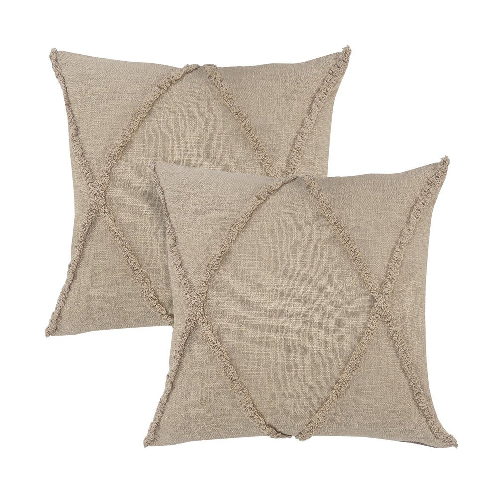 Set of Two Taupe and Brown Diamond Cotton Throw Pillow With Fringes on a white background