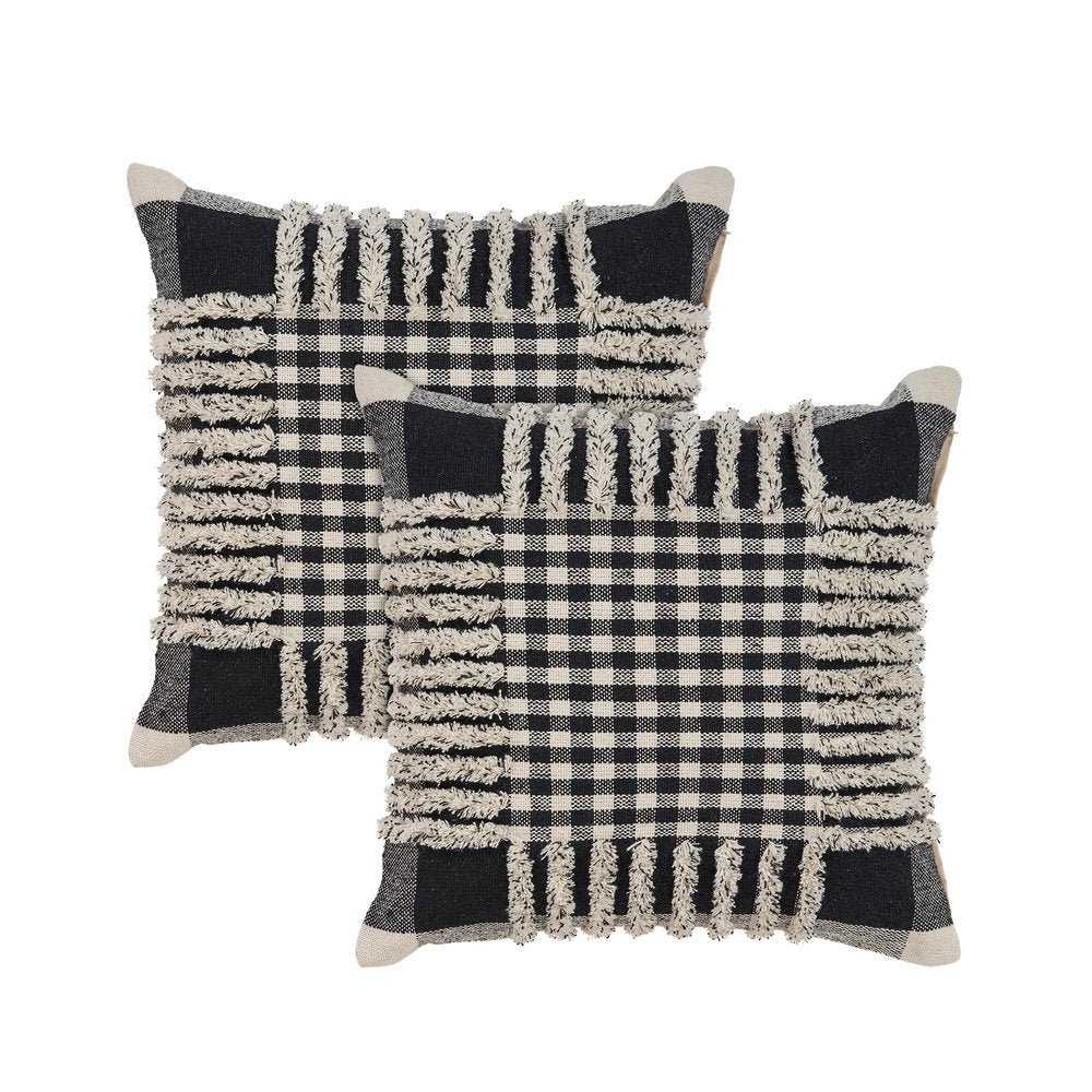 Set of Two Black and Ivory Plaid Cotton Throw Pillow With Fringe on a white background