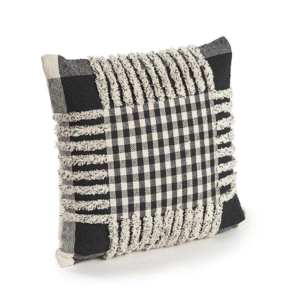 Set of Two Black and Ivory Plaid Cotton Throw Pillow With Fringe on a white background