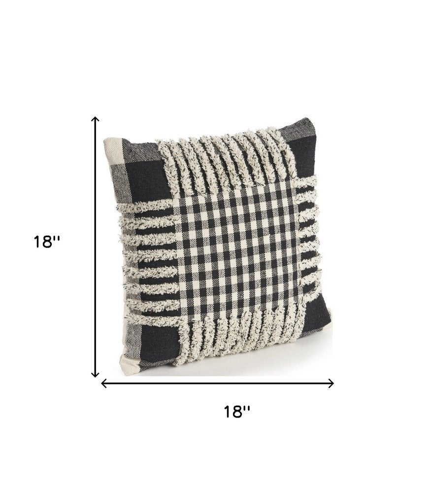Set of Two Black and Ivory Plaid Cotton Throw Pillow With Fringe on a white background