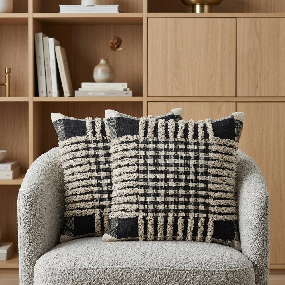 Set of Two Black and Ivory Plaid Cotton Throw Pillow With Fringe
