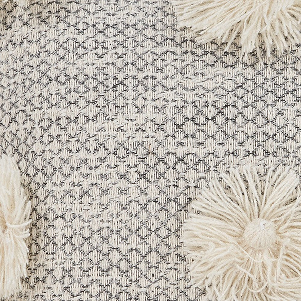 Set of Two Gray and Ivory Floral Cotton Throw Pillows With Fringe on a white background