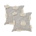 Set of Two Gray and Ivory Floral Cotton Throw Pillows With Fringe on a white background