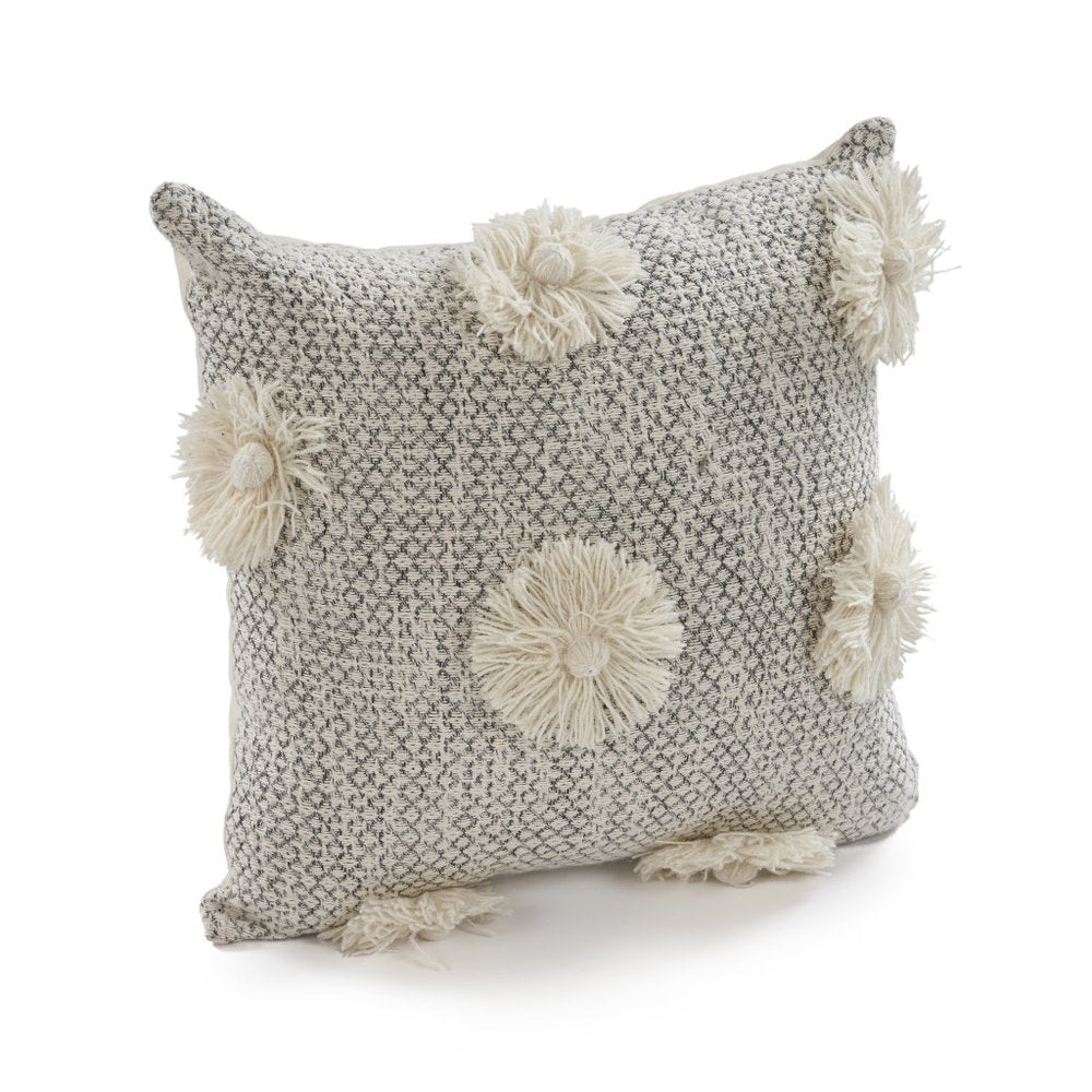 Set of Two Gray and Ivory Floral Cotton Throw Pillows With Fringe on a white background