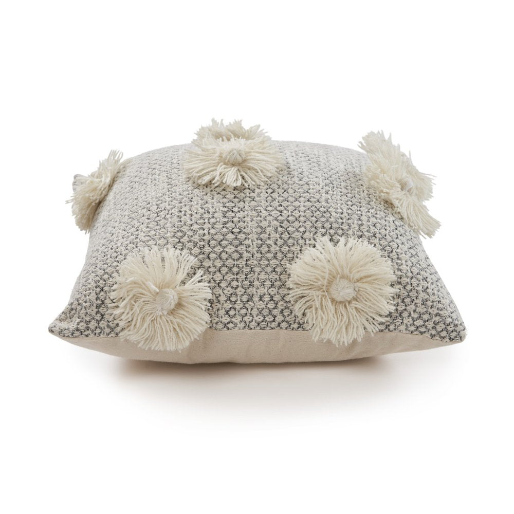 Set of Two Gray and Ivory Floral Cotton Throw Pillows With Fringe on a white background