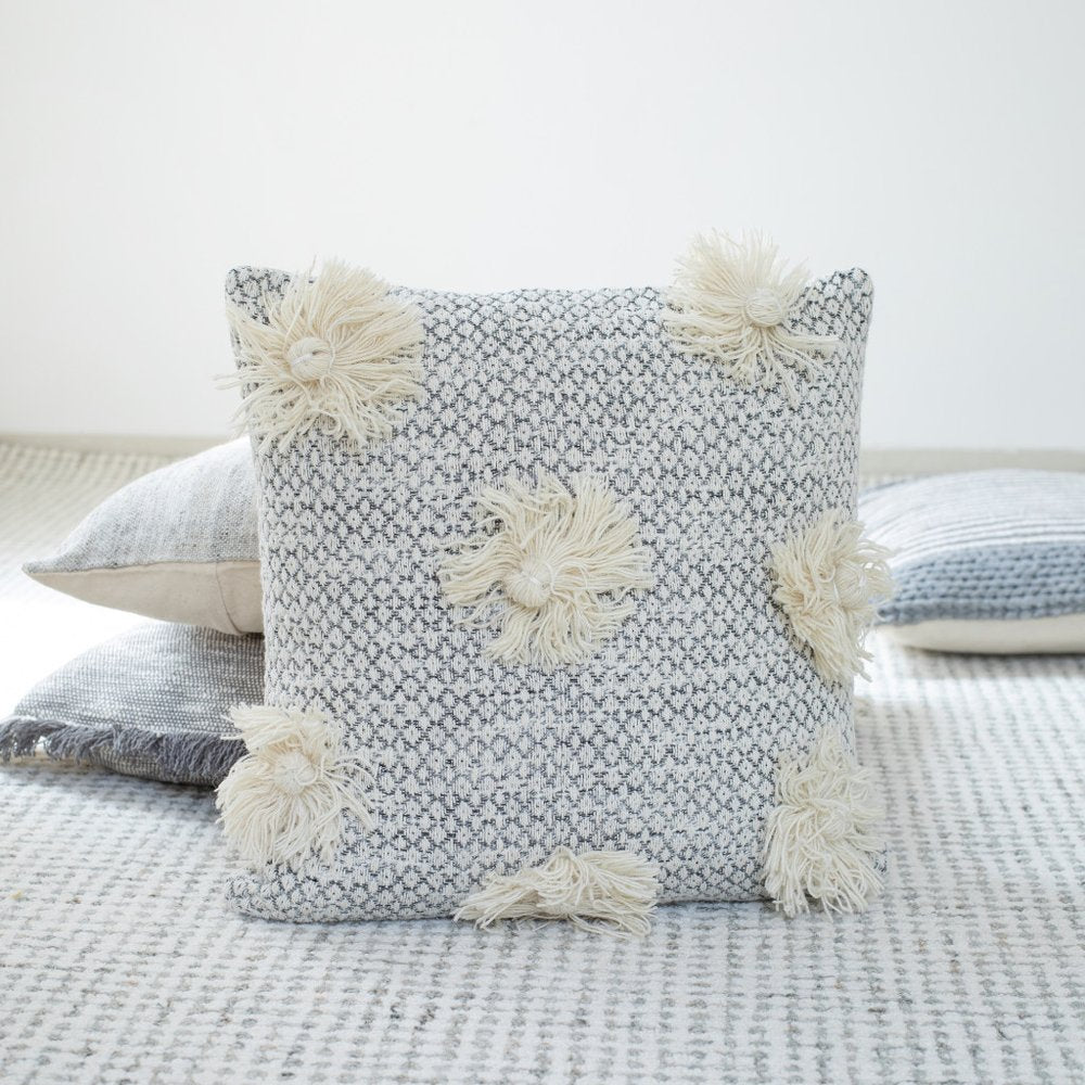 Set of Two Gray and Ivory Floral Cotton Throw Pillows With Fringe on a white background