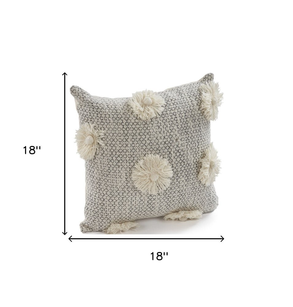 Set of Two Gray and Ivory Floral Cotton Throw Pillows With Fringe on a white background