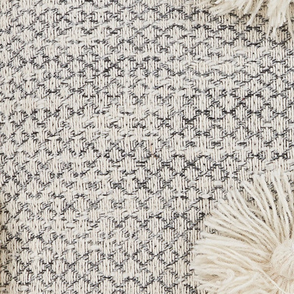 Set of Two Gray and Ivory Floral Cotton Throw Pillows With Fringe on a white background