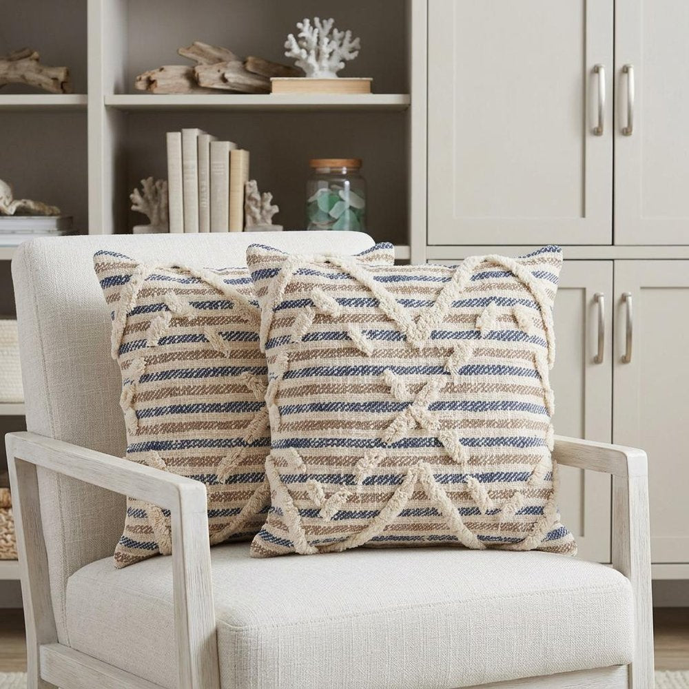 Set of Two Blue Diamond Cotton Throw Pillow With Fringe in a home interior