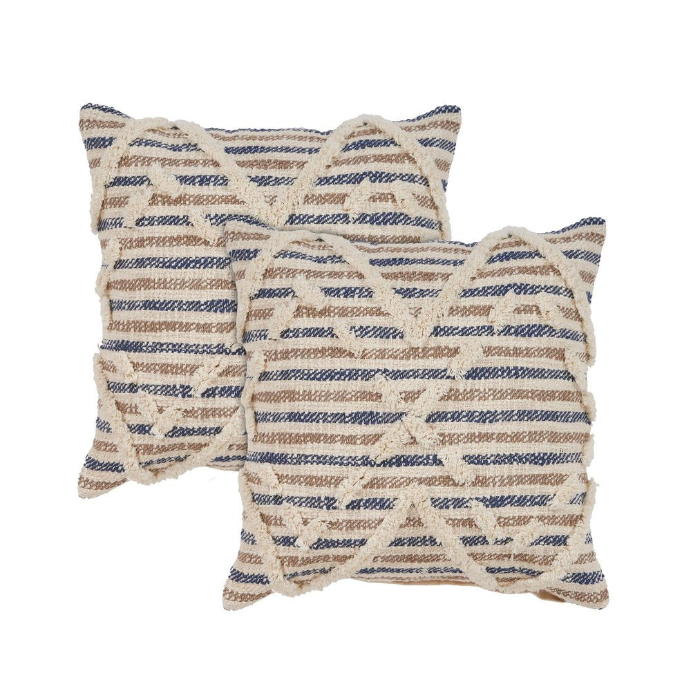 Set of Two Blue Diamond Cotton Throw Pillow With Fringe on a white background