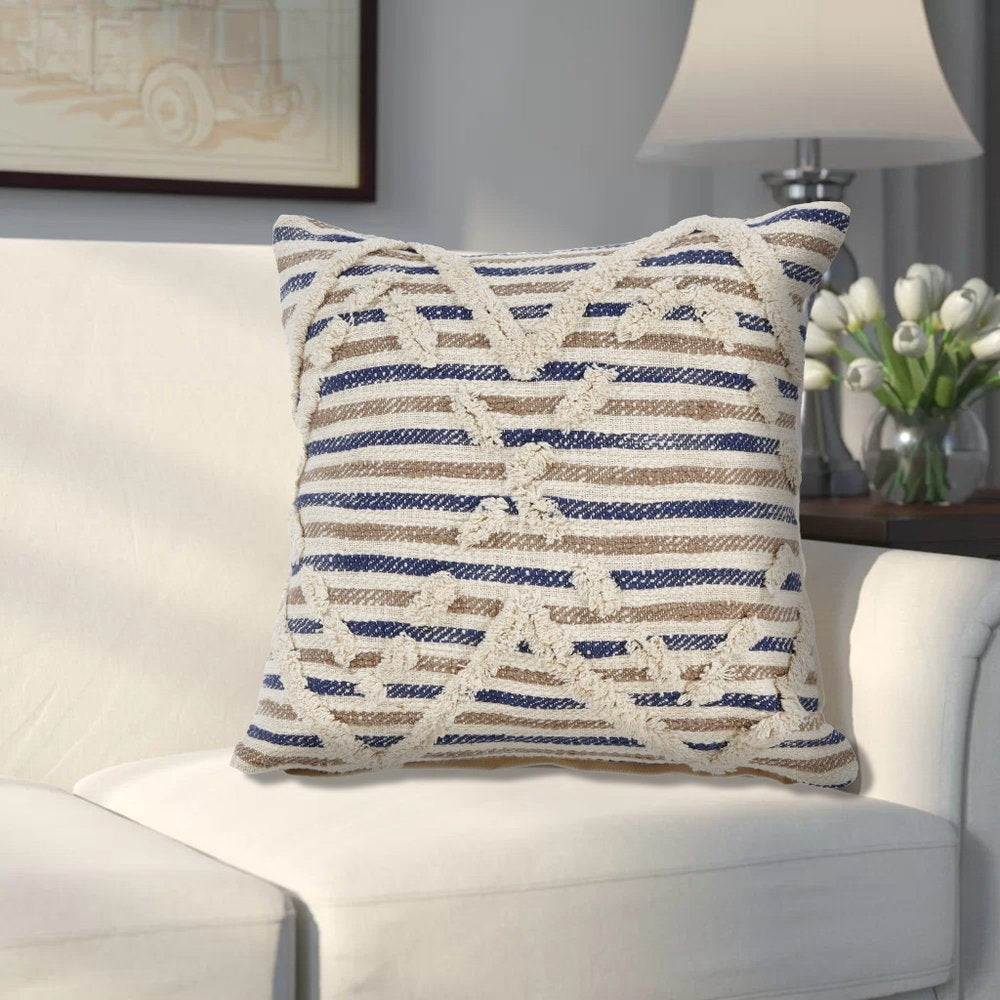 Set of Two Blue Diamond Cotton Throw Pillow With Fringe in a home interior