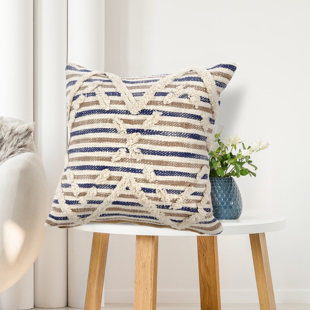Set of Two Blue Diamond Cotton Throw Pillow With Fringe on a white background