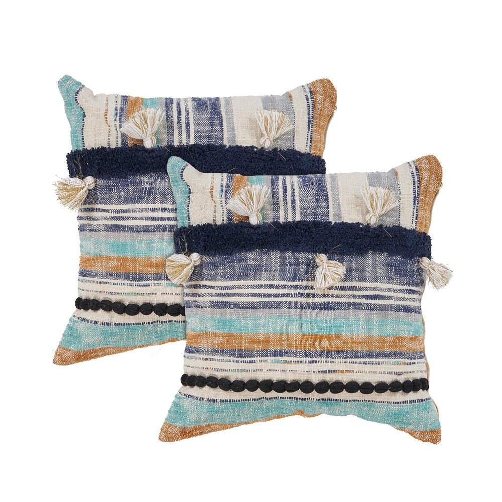 Set of Two Blue Striped Cotton Throw Pillow With Tassels on a white background