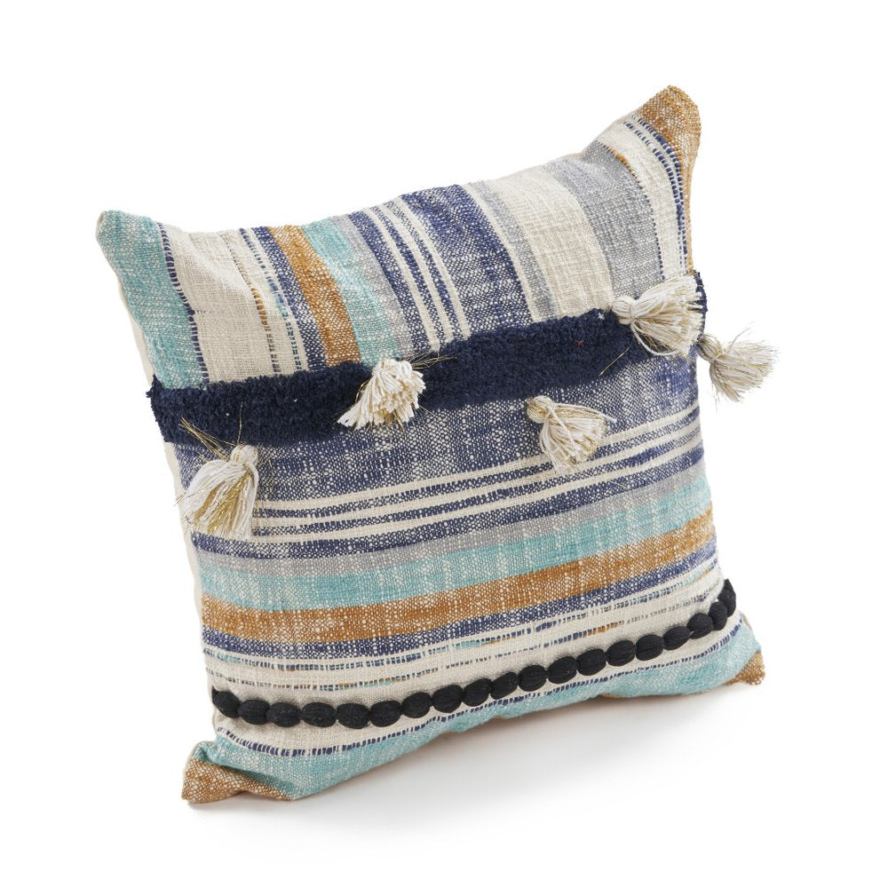 Set of Two Blue Striped Cotton Throw Pillow With Tassels on a white background