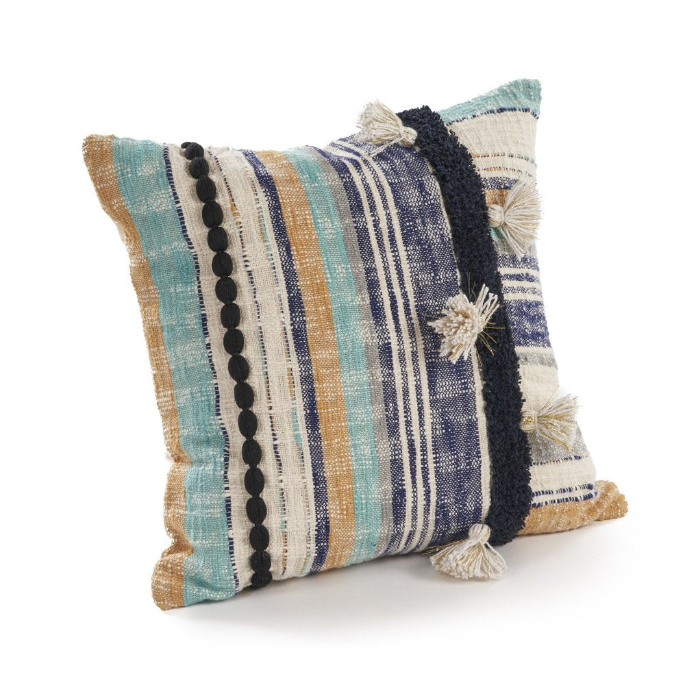 Set of Two Blue Striped Cotton Throw Pillow With Tassels on a white background