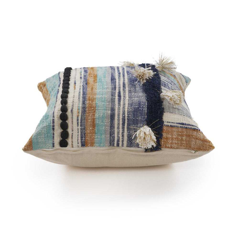 Set of Two Blue Striped Cotton Throw Pillow With Tassels on a white background
