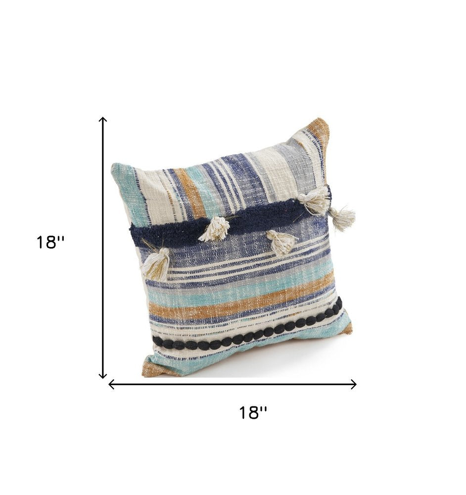 Set of Two Blue Striped Cotton Throw Pillow With Tassels on a white background