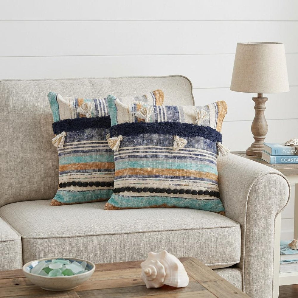 Set of Two Blue Striped Cotton Throw Pillow With Tassels in a home interior