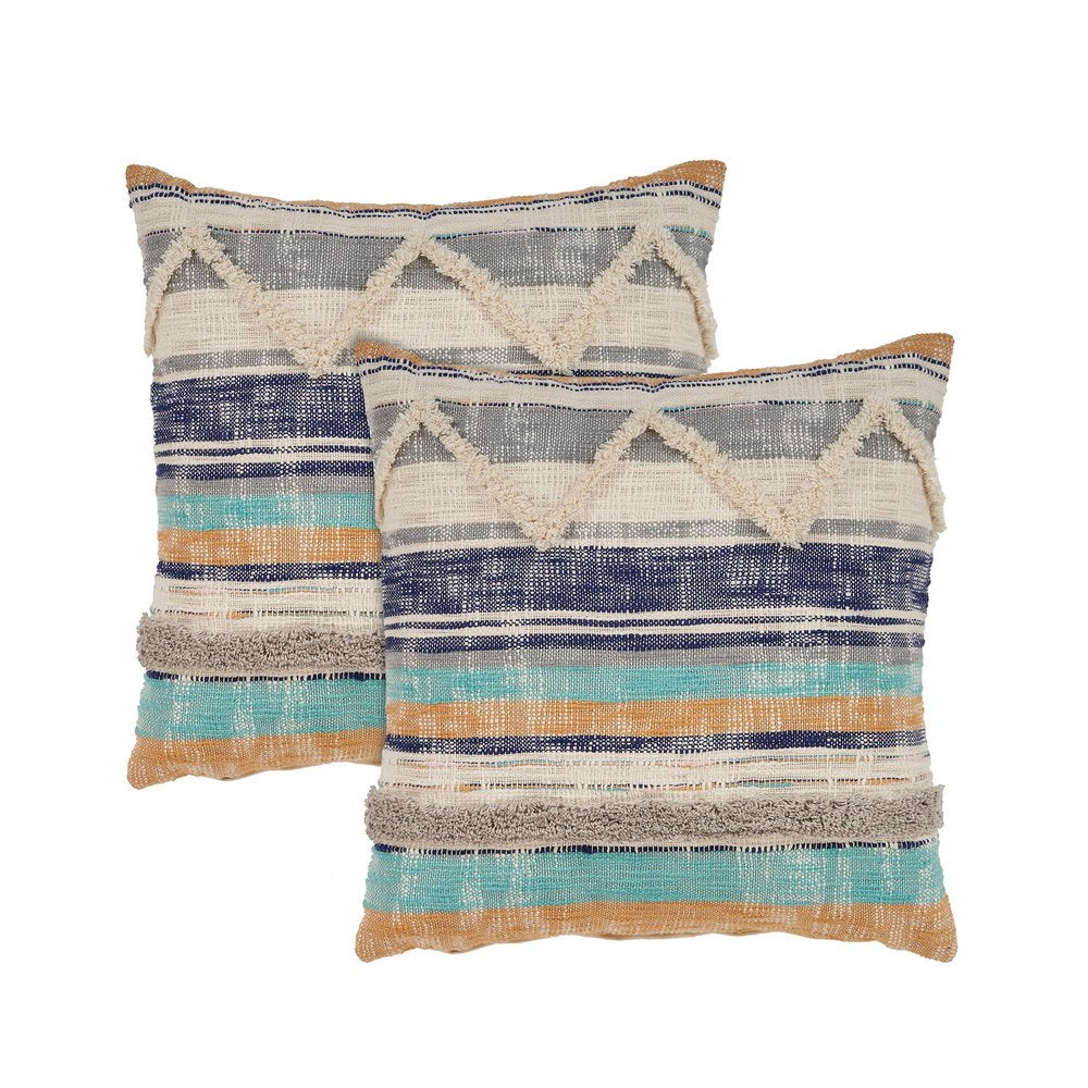 Set of Two Blue Striped Cotton Throw Pillow With Fringe on a white background