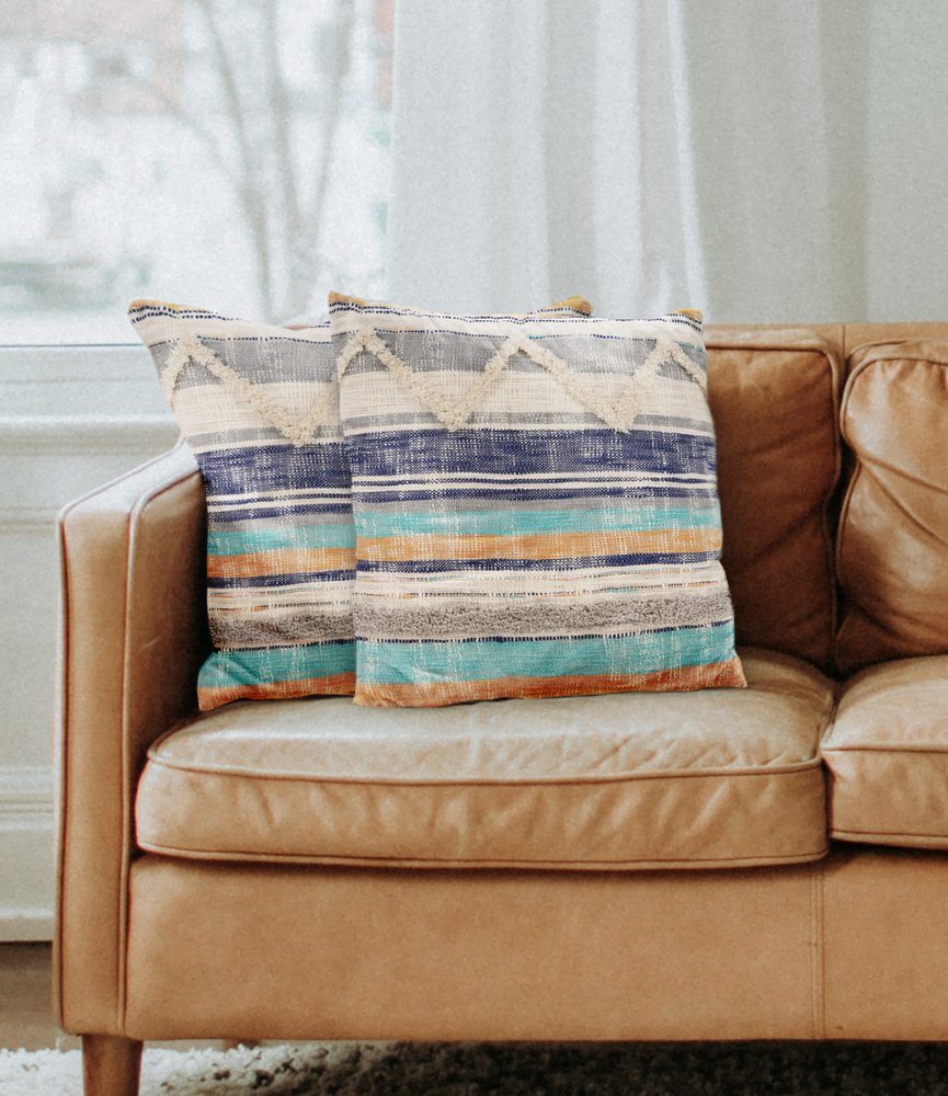 Set of Two Blue Striped Cotton Throw Pillow With Fringe in a home interior