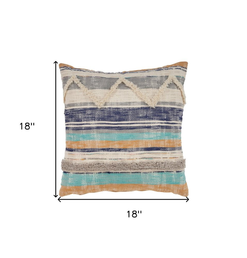 Set of Two Blue Striped Cotton Throw Pillow With Fringe on a white background