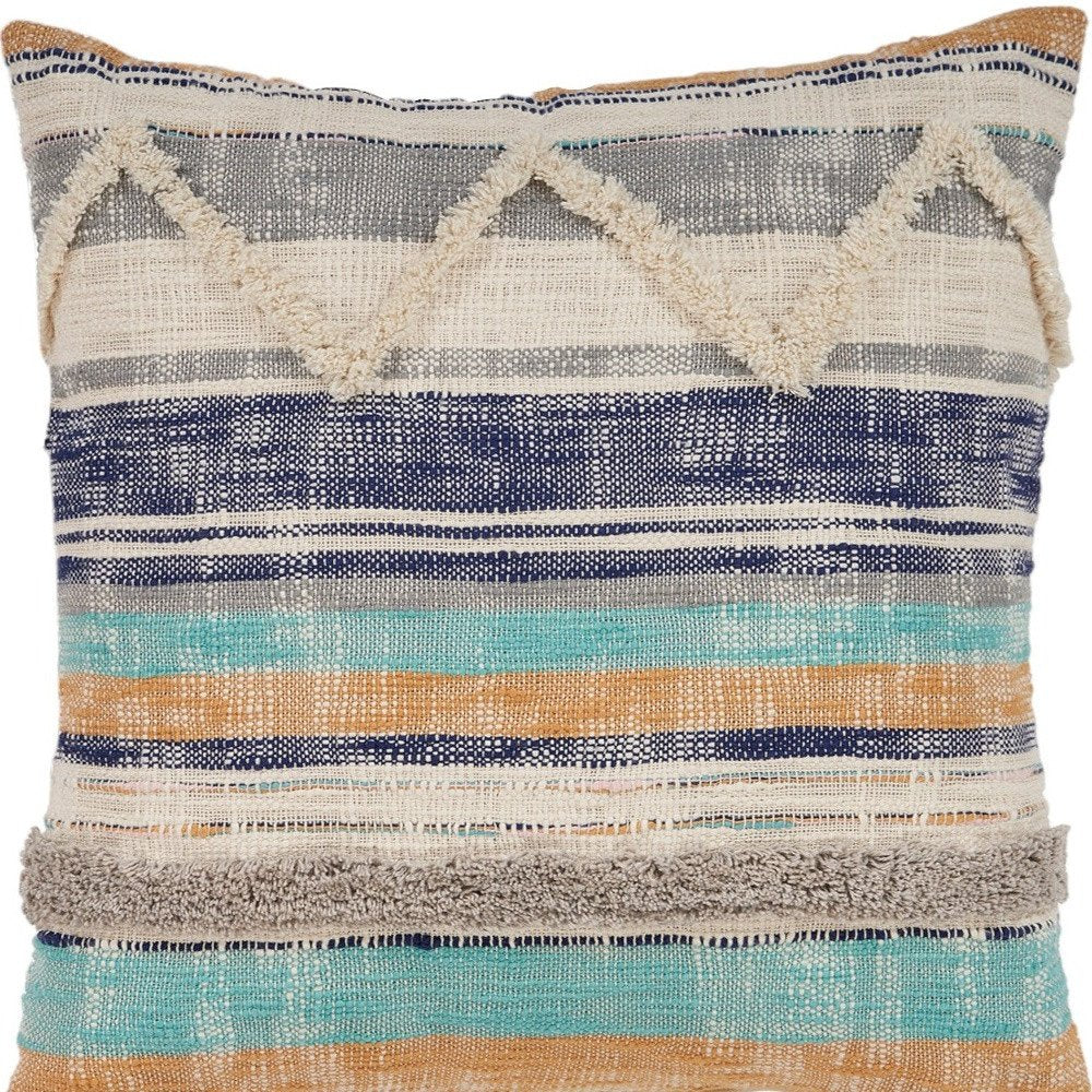 Set of Two Blue Striped Cotton Throw Pillow With Fringe close-up detail