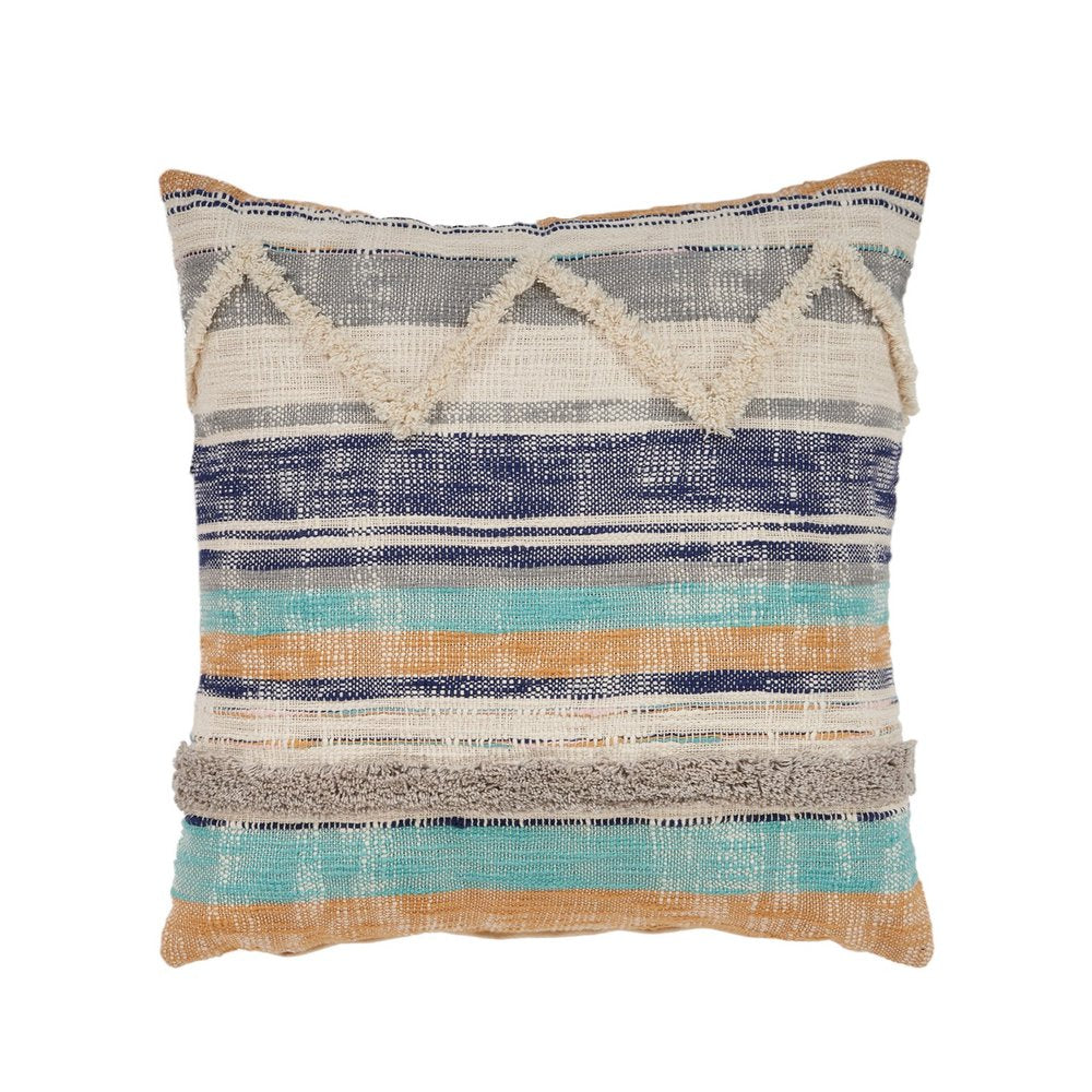Set of Two Blue Striped Cotton Throw Pillow With Fringe on a white background