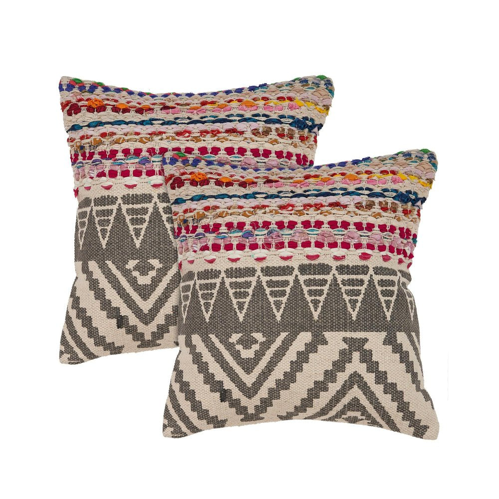 Two woven cotton throw pillows with gray chevron patterns and colorful striped tops on a white background.