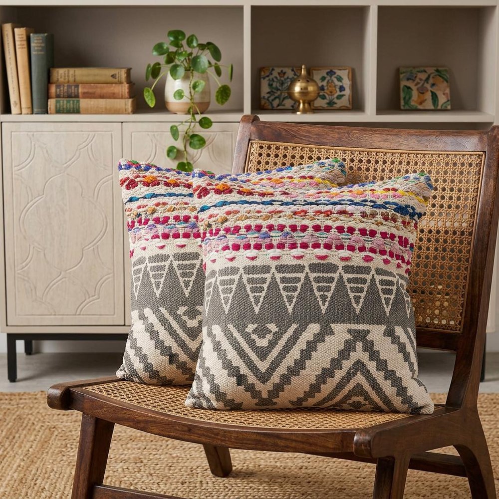 Set of Two Gray Chevron Cotton Throw Pillow in a home interior