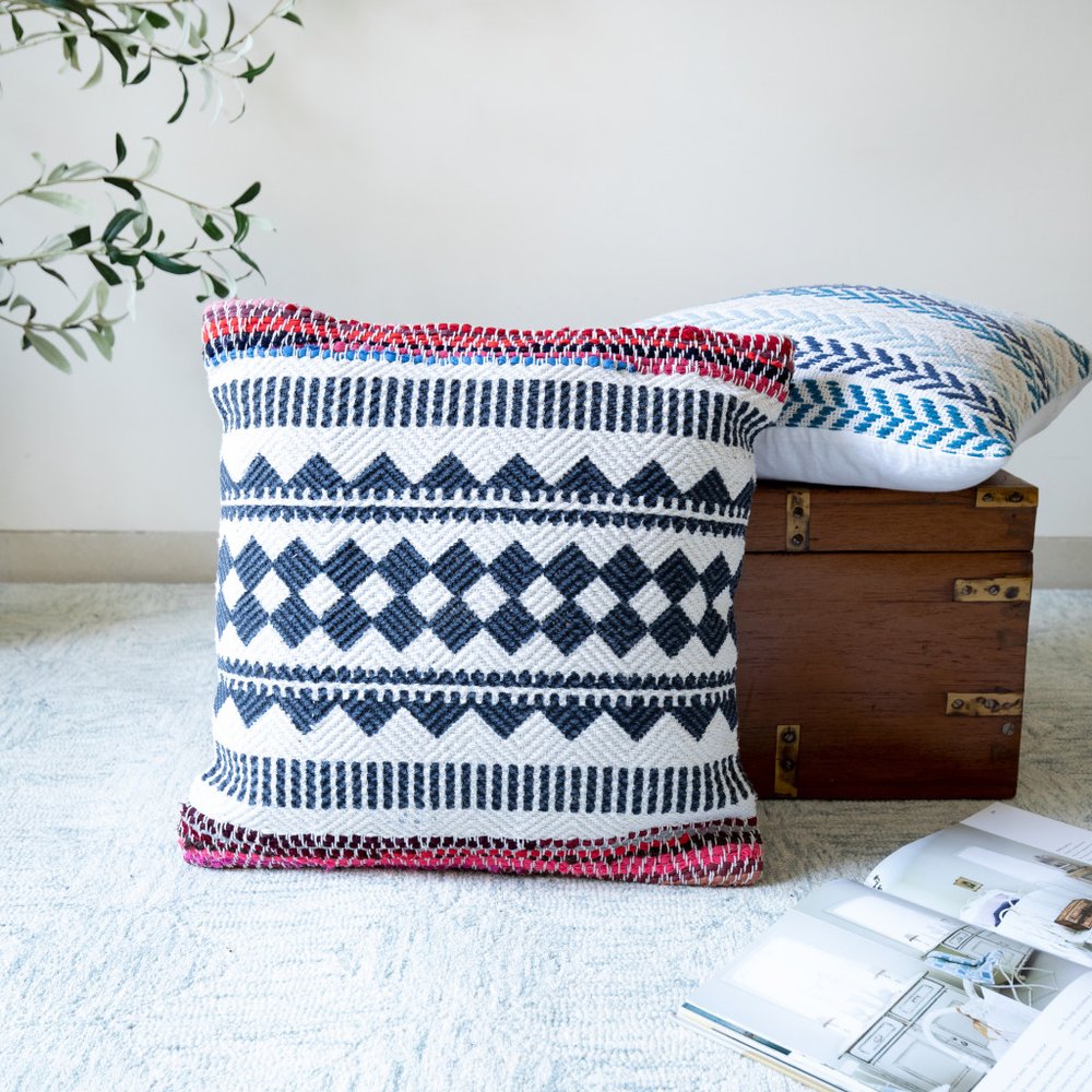 Set of Two Blue Geometric Cotton Throw Pillow on a white background