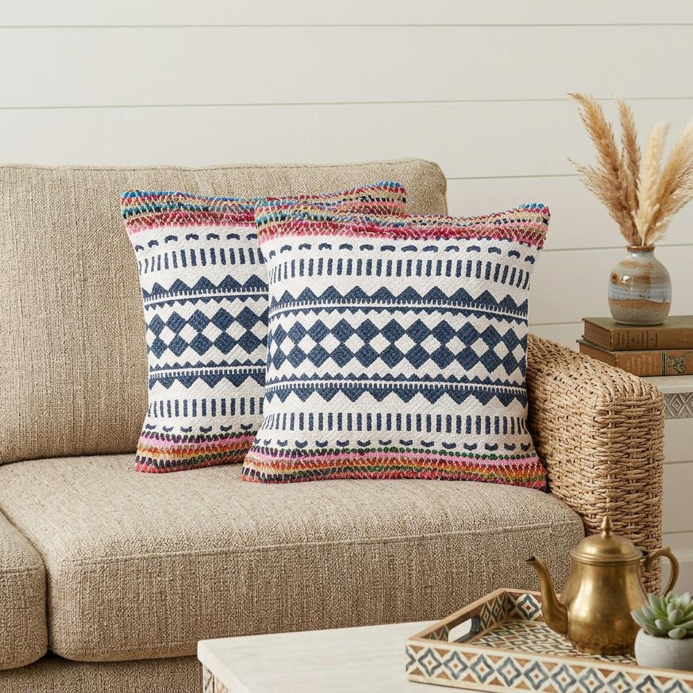 Set of Two Blue Geometric Cotton Throw Pillow in a home interior
