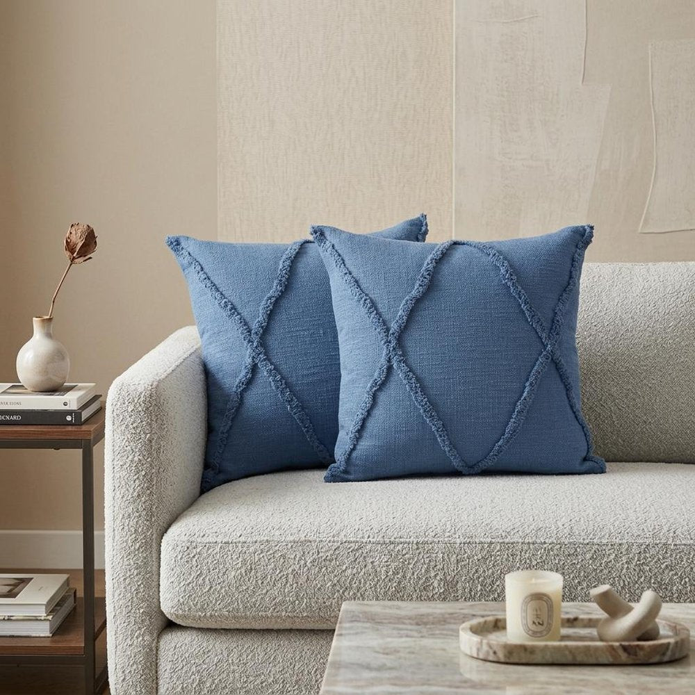 Set of Two Blue Diamond Cotton Throw Pillow With Fringe