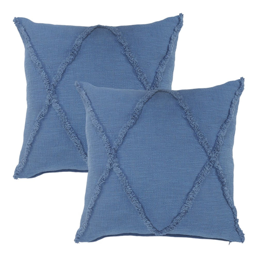 Set of Two Blue Diamond Cotton Throw Pillow With Fringe on a white background