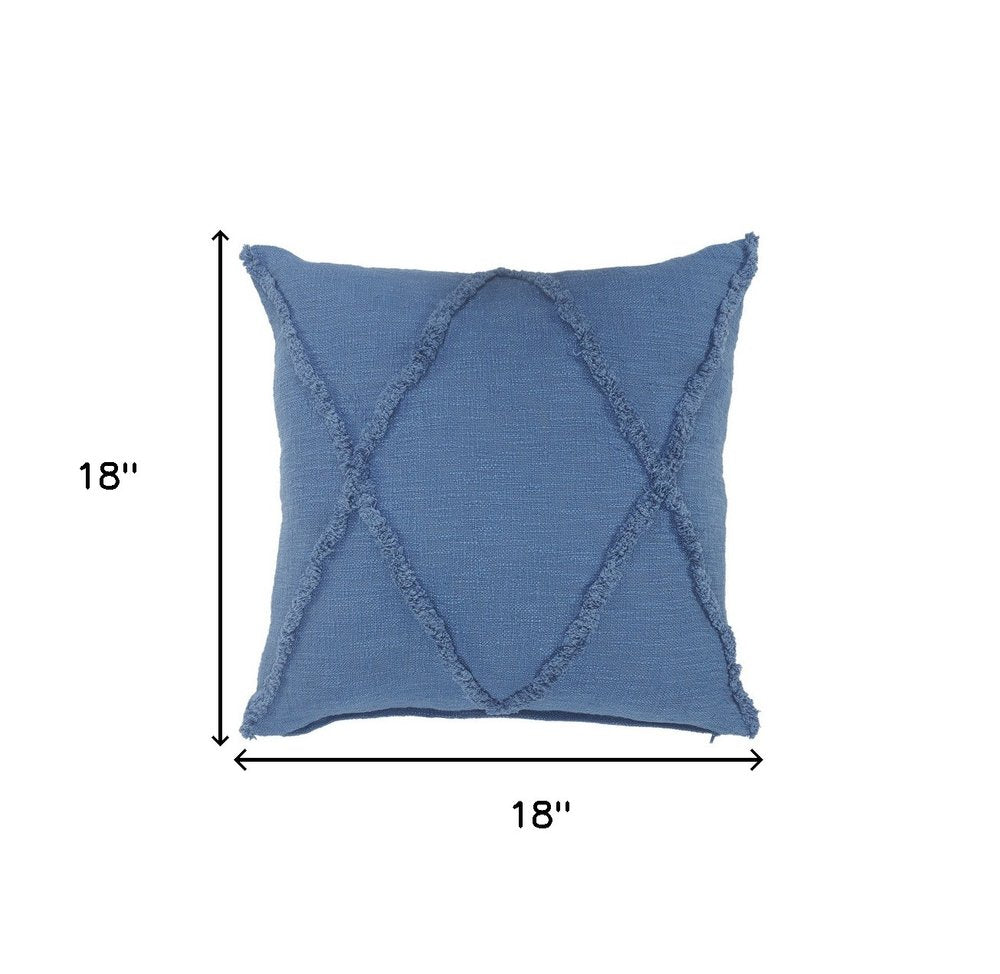 Set of Two Blue Diamond Cotton Throw Pillow With Fringe