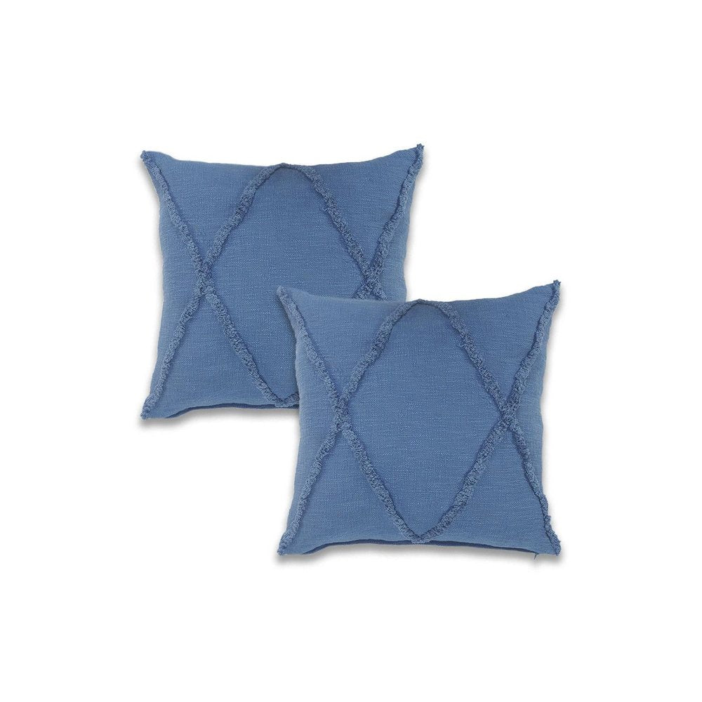 Set of Two Blue Diamond Cotton Throw Pillow With Fringe on a white background