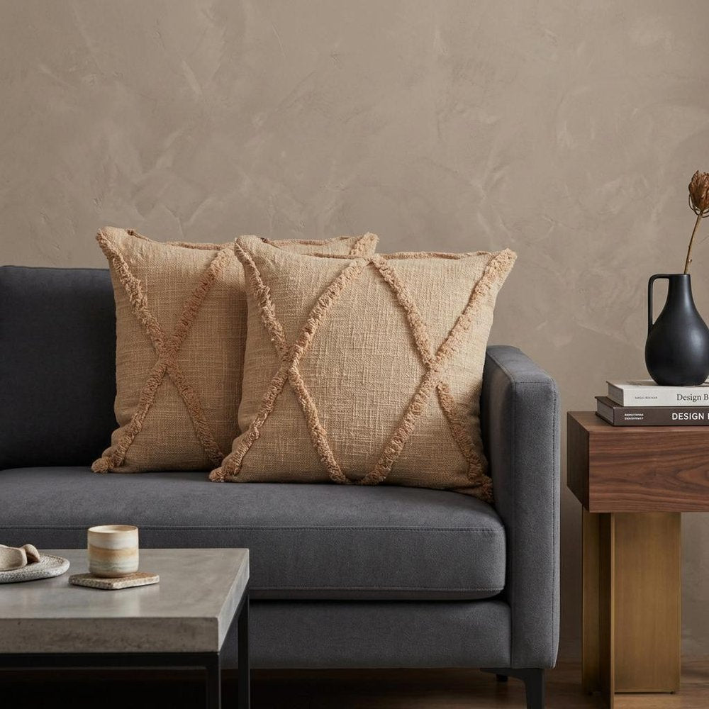 Set of Two Tan Diamond Cotton Throw Pillow With Fringe in a home interior