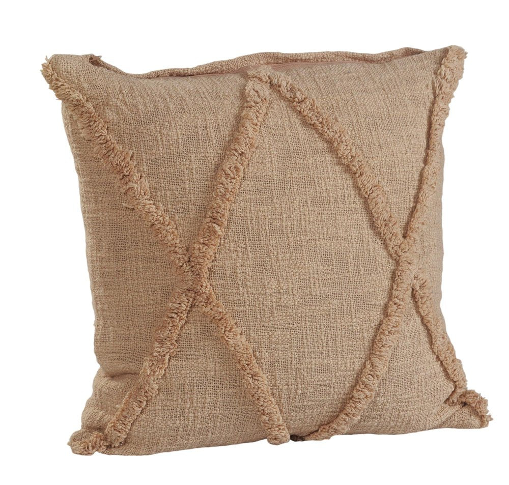 Set of Two Tan Diamond Cotton Throw Pillow With Fringe on a white background