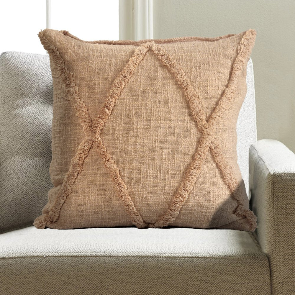 Set of Two Tan Diamond Cotton Throw Pillow With Fringe