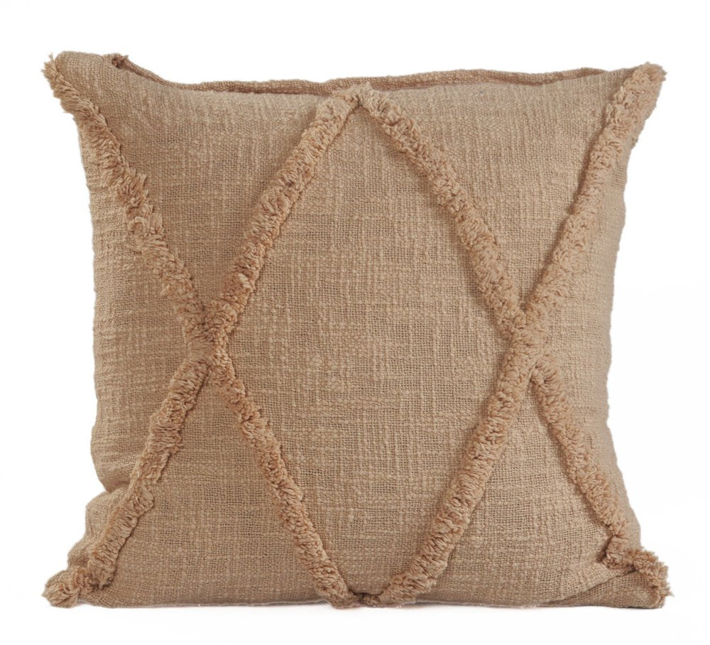 Set of Two Tan Diamond Cotton Throw Pillow With Fringe