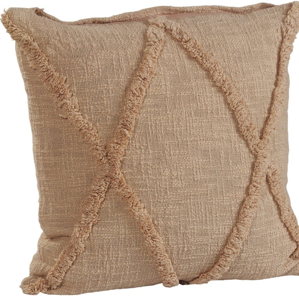 Set of Two Tan Diamond Cotton Throw Pillow With Fringe on a white background
