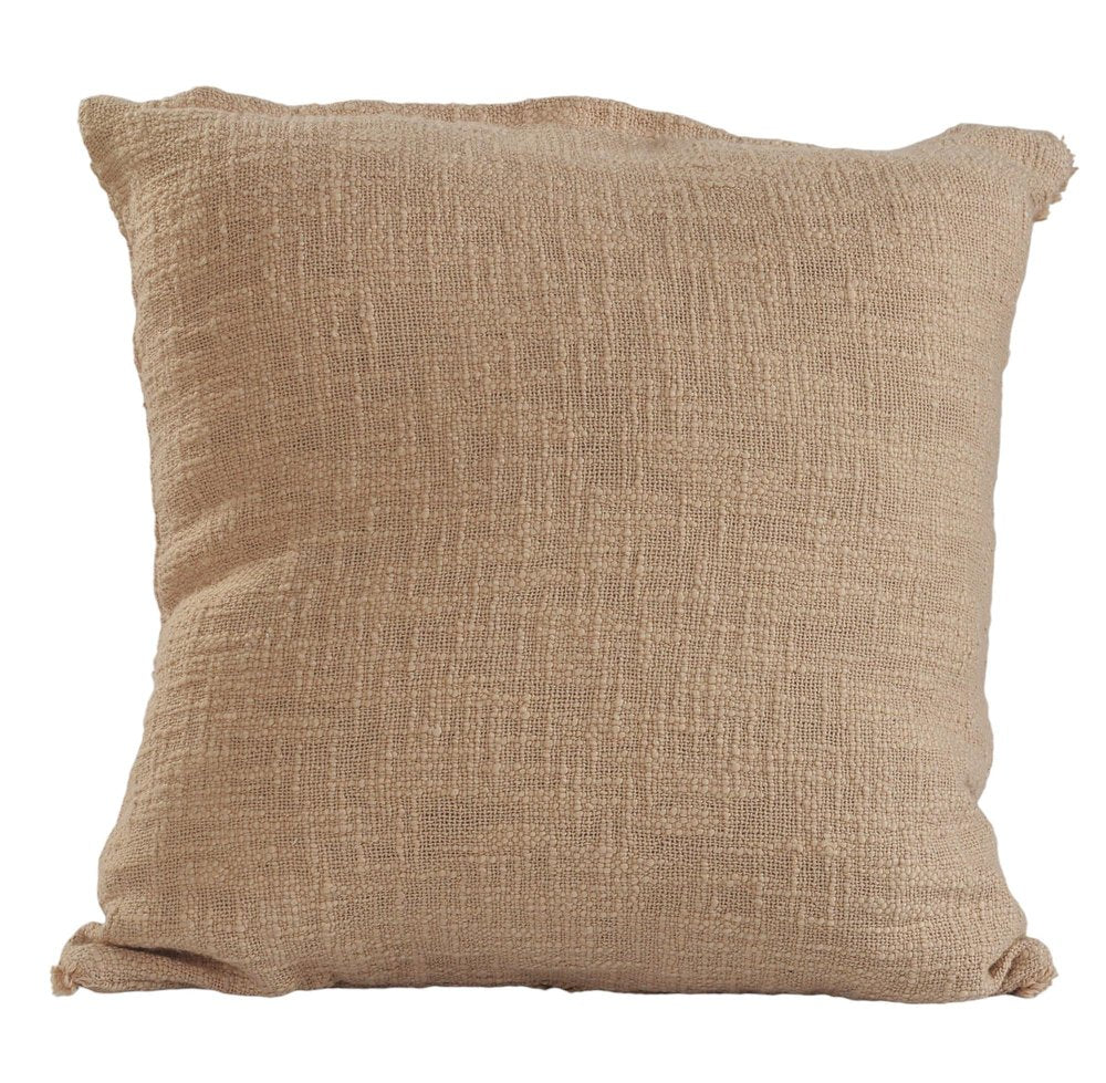 Set of Two Tan Diamond Cotton Throw Pillow With Fringe on a white background