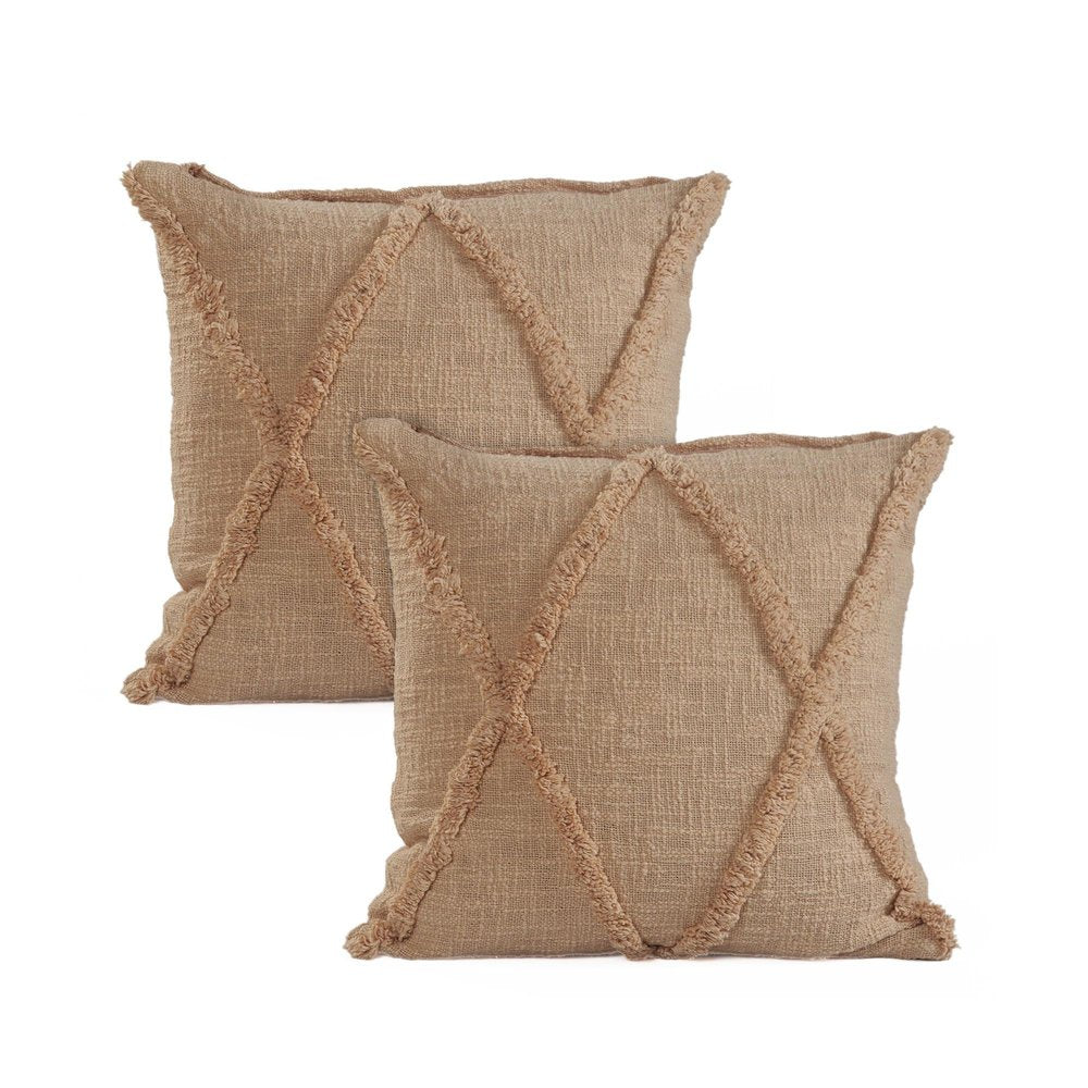 Set of Two Tan Diamond Cotton Throw Pillow With Fringe on a white background