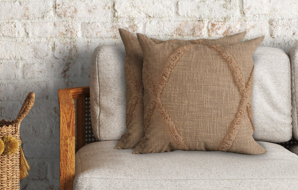 Set of Two Tan Diamond Cotton Throw Pillow With Fringe in a home interior