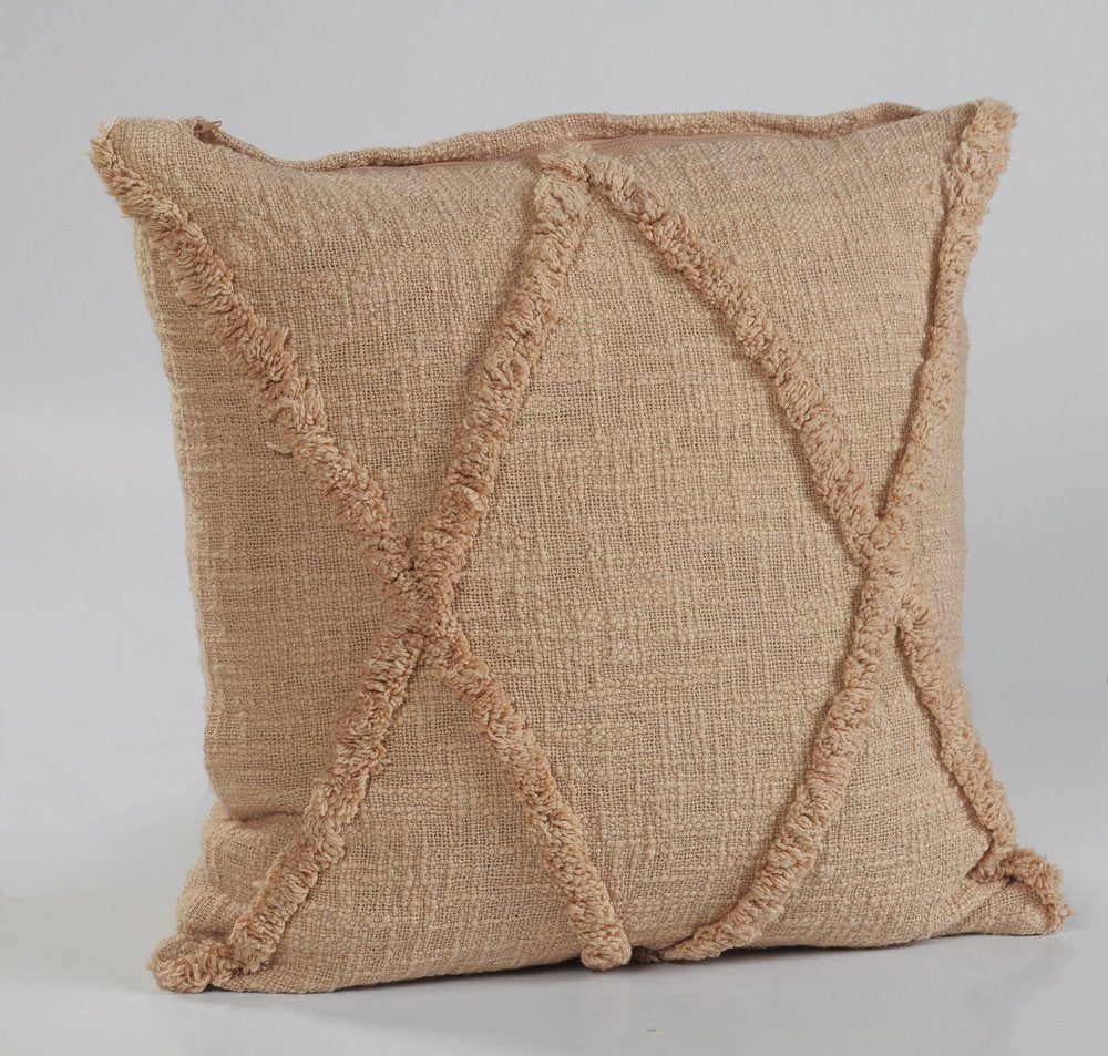 Set of Two Tan Diamond Cotton Throw Pillow With Fringe