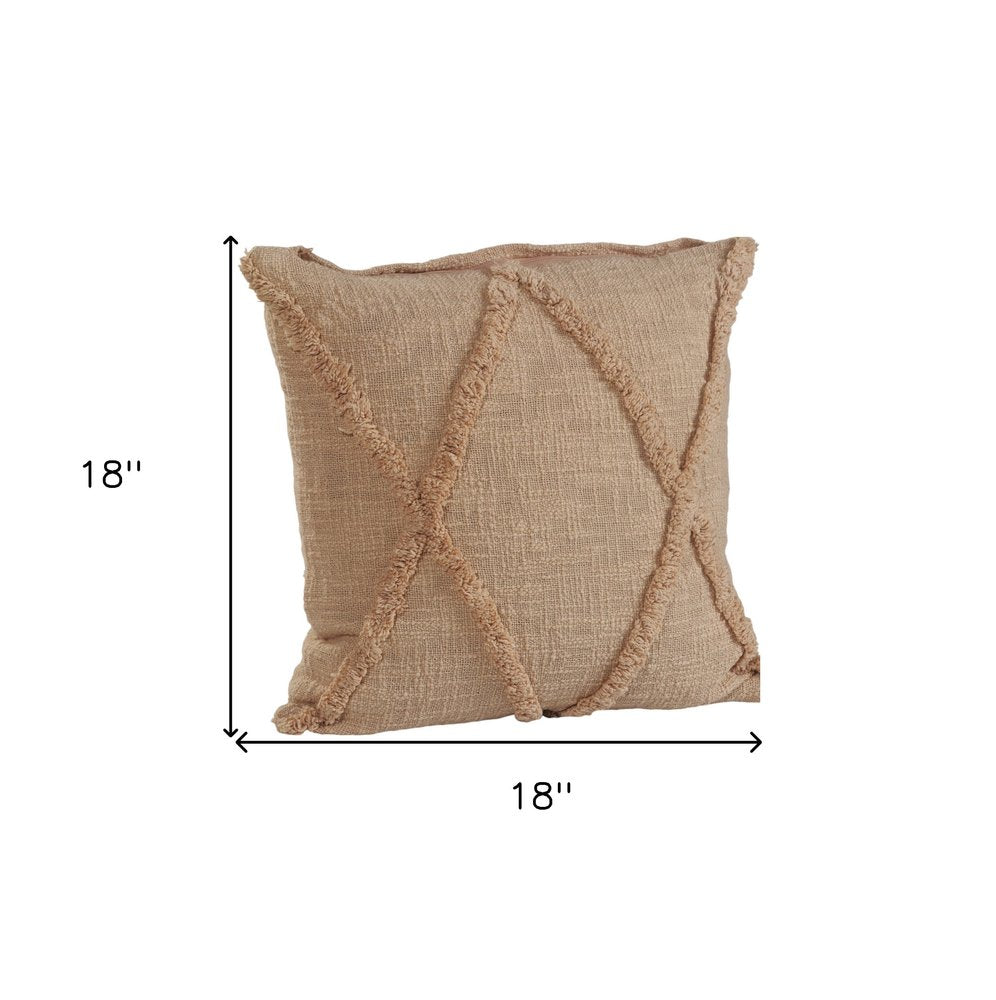 Set of Two Tan Diamond Cotton Throw Pillow With Fringe on a white background