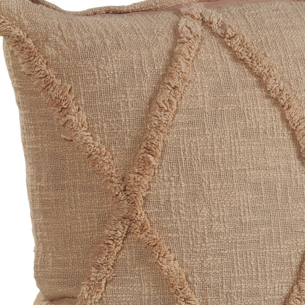 Set of Two Tan Diamond Cotton Throw Pillow With Fringe close-up detail