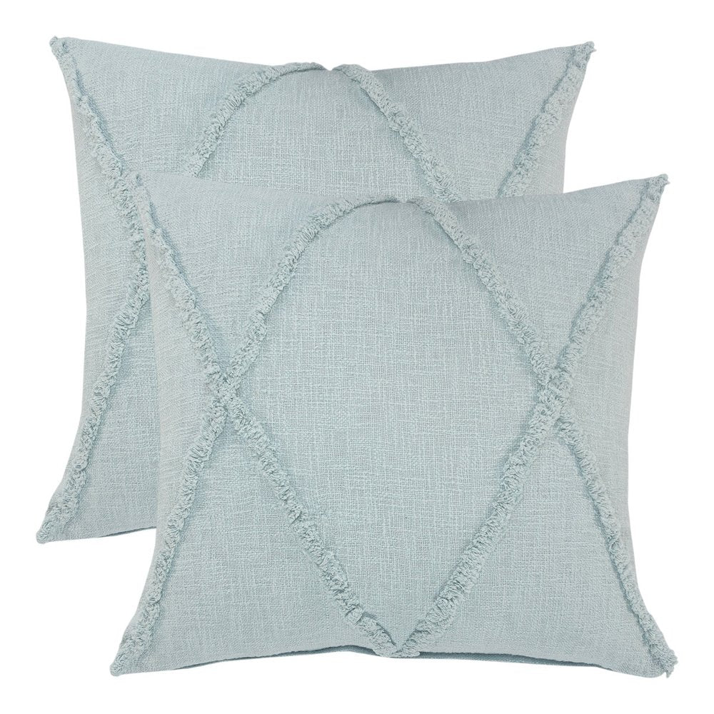 Set of Two Blue Diamond Cotton Throw Pillow With Fringe on a white background