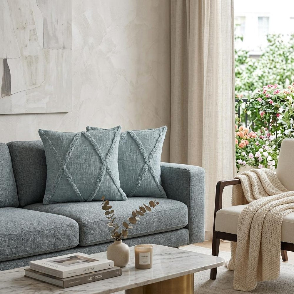 Set of Two Blue Diamond Cotton Throw Pillow With Fringe in a home interior