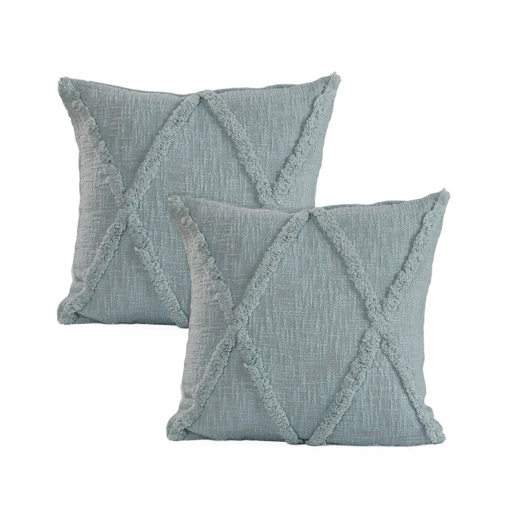 Set of Two Blue Diamond Cotton Throw Pillow With Fringe on a white background